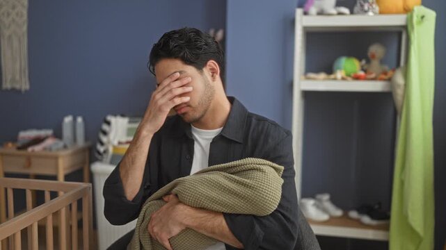 Man cradling swaddled baby, rubbing forehead and closing eyes in a nursery beside crib and shelves; fatigue bonding.
