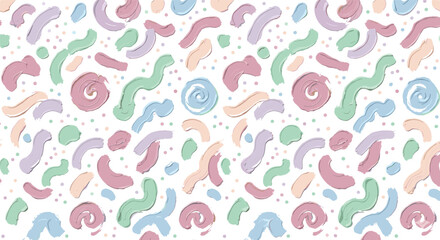 Fototapeta premium Seamless Pastel Abstract Paint Stroke Pattern With Swirls, Waves, Curves And Dots On White Background Design