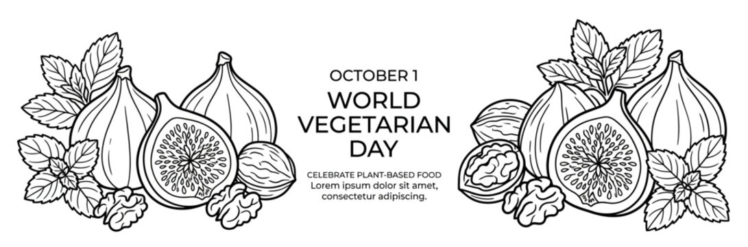 Hand drawn illustration featuring fresh figs and walnuts for World Vegetarian Day.