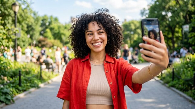 Confident young woman with natural curly hair beaming while taking a cheerful selfie in bright summer sunlight at a vibrant green park, wearing a striking red shirt and radiating joyful energy