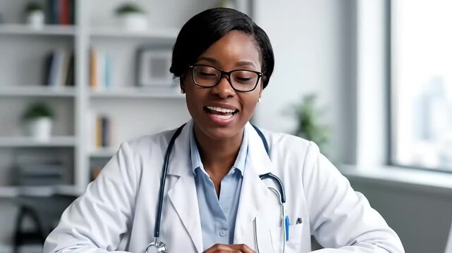 Physician interacts with patients through a professional video conferencing setup in an office.