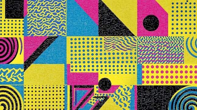 Vibrant abstract geometric pattern with retro memphis style shapes, vibrant colors, and grainy texture