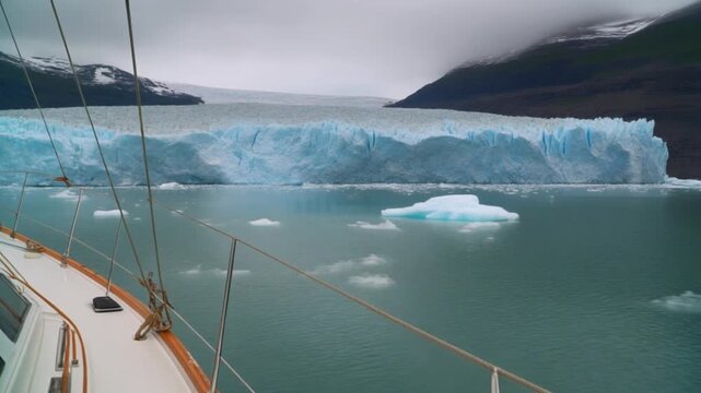 Yacht sailing near icebergs and massive glacier in arctic waters