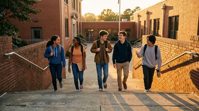 Diverse group of five multicultural teenage high school students walking down outdoor concrete staircase together at golden hour sunset, carrying backpacks and chatting on red brick school campus