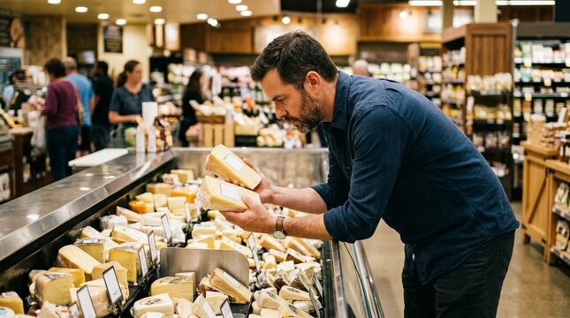 Man Selecting Premium Cheese Wedges at Grocery Store Refrigerated Display Case, Examining Artisan Dairy Products Labels in Supermarket Aisle, Healthy Food Shopping Lifestyle Consumer Choice