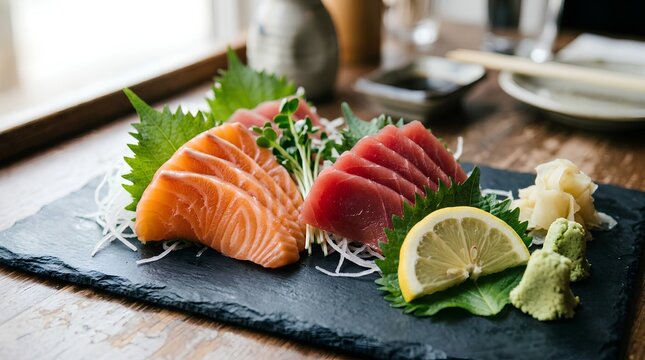 Fresh Sashimi Platter with Salmon and Tuna on Slate Board - Premium Japanese Cuisine with Paper-Thin Raw Fish Slices, Wasabi, Pickled Ginger, Lemon and Shiso - Restaurant Quality Seafood Dish