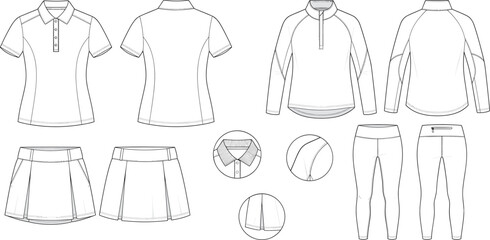 Fototapeta premium Women's Sportswear Technical Flat Sketch Collection with Polo Jacket Skirt and Leggings