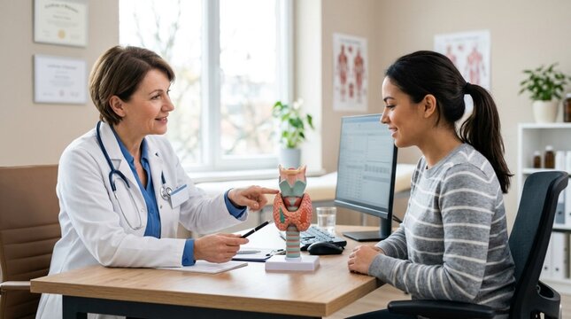 Professional Female Doctor in White Coat Pointing to Anatomical Thyroid Gland Model While Explaining to Patient in Modern Medical Office, Healthcare Consultation, Endocrine System Education, Medical