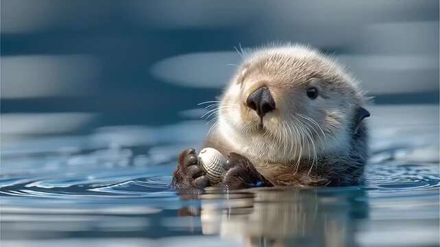 Sea otter holds a small clam shell while floating peacefully in the deep blue ocean water.