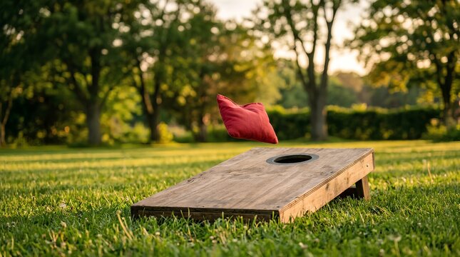 Red Bean Bag Toss Flying Mid-Air Toward Wooden Cornhole Board Hole on Lush Green Summer Grass in Sunny Park Backyard, Outdoor Lawn Game Recreation Activity with Blurred Trees Background