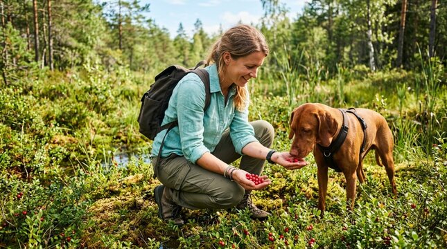 Happy woman hiker with brown dog picking wild red cranberries in sunny forest bog, outdoor adventure lifestyle, nature exploration with pet canine companion in wilderness landscape during summer day
