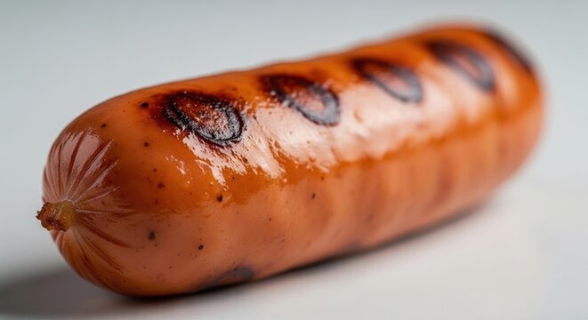 Single grilled sausage with charred marks isolated on white background