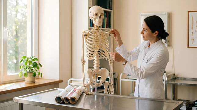 Professional female doctor in white lab coat explaining human anatomy using a medical skeleton model in a bright clinical office, educational healthcare setting with anatomical charts and medical