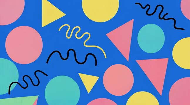 Abstract retro geometric background with colorful circles, triangles, and wavy lines in 80s and 90s style