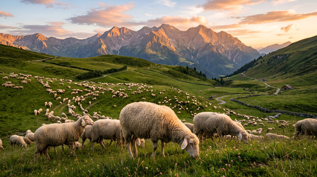 Borregos grazing on a lush green mountain pasture at sunset