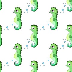 Seamless pattern with cartoon sea ​​horse. Colorful illustration flat style. hand drawing.  design for print, wrapper, fabric. © Ann1988
