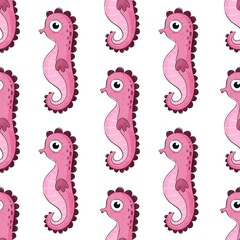 Seamless pattern with cartoon sea ​​horse. Colorful illustration flat style. hand drawing.  design for print, wrapper, fabric. © Ann1988