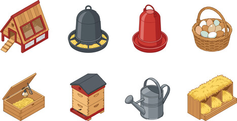 Farm and Poultry Equipment Vector Set Featuring Chicken Coop Feeder Waterer Beehive Watering Can Hay Storage and Egg Basket © MstRehna