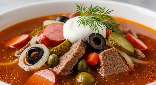 Solyanka soup with beef, pickles, olives and sour cream in a bowl