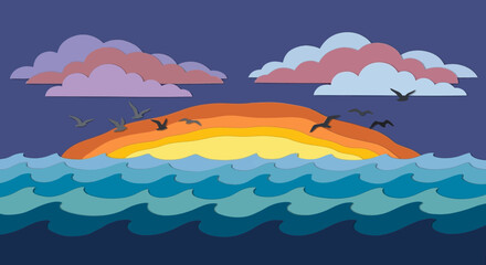 Fototapeta premium Island sunset, ocean waves, flying birds, colorful clouds
