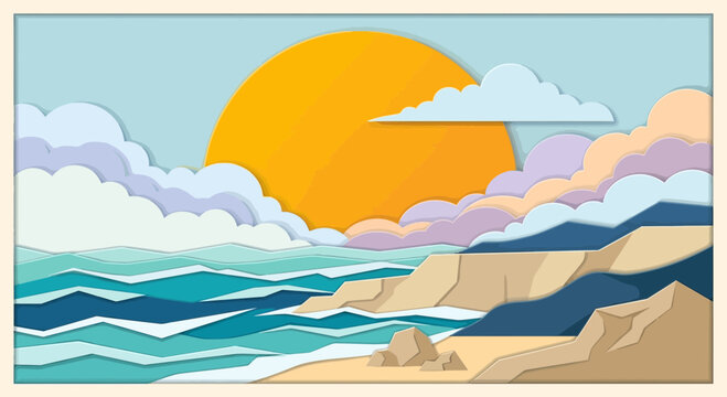 Papercut Beachscape: Sun, Sea, Clouds, Coastline, Ocean Waves