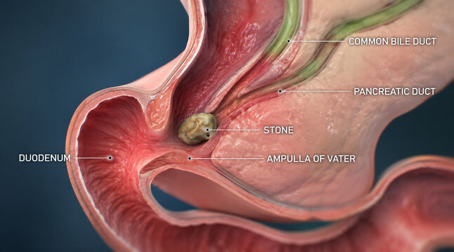 AI generated medical illustration of bile duct stone blocking ampulla pancreatic duct duodenum anatomy for healthcare education digestive disease reference