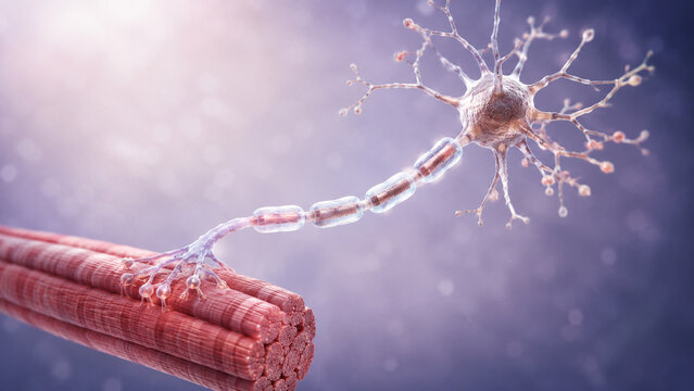 AI generated detailed 3D illustration of motor neuron connecting to muscle fibers highlighting neural signaling neuromuscular anatomy cellular biology medical research