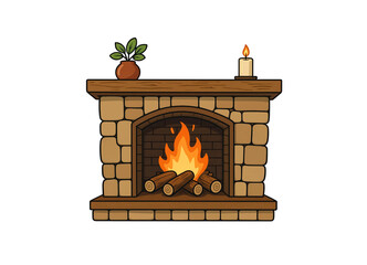 Fototapeta premium Vector illustration of a stone fireplace with a bright fire, potted plant and candle on a transparent background
