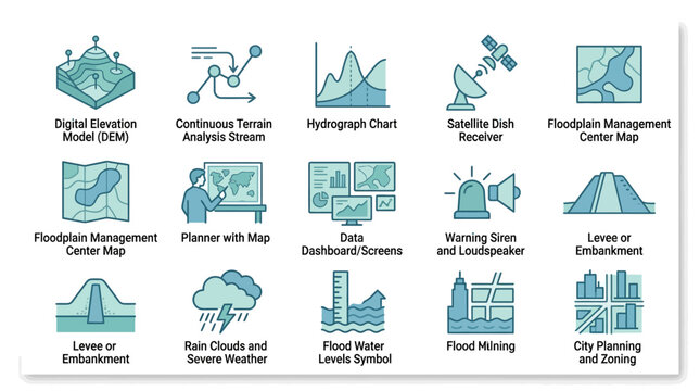 Flood Management and City Planning Icons: Digital Elevation, Satellite, Weather, Zoning