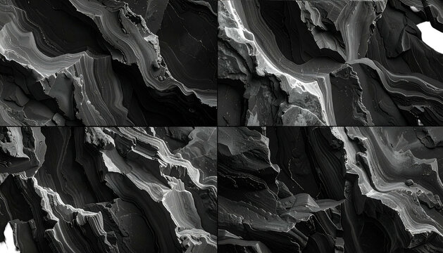 Dark, layered, textured rock cliffs in a 2x2 quadriptych pattern