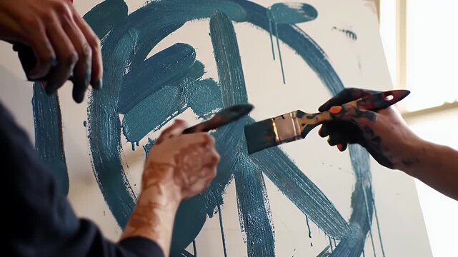 Hands painting blue peace symbol on white canvas.