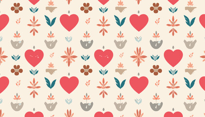 Bohemian folk art inspired seamless pattern featuring repeating red hearts, stylized flowers, leaves, and abstract shapes on a light background. © sekar