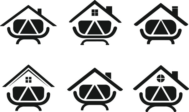 Collection of 6 modern house and sofa logo designs featuring minimalist home roof outlines combined with stylish couches. Clean black vector emblems with geometric layouts, windows, and contemporary b