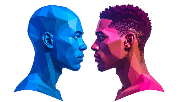 Geometric faces in blue/pink tones face each other in artistic profile