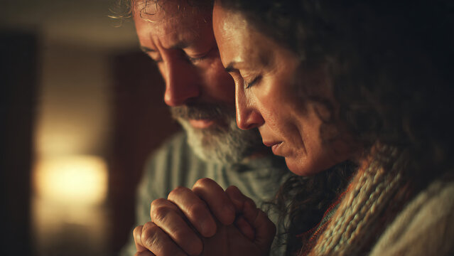 A mature couple praying together with closed eyes in a dimly lit room.