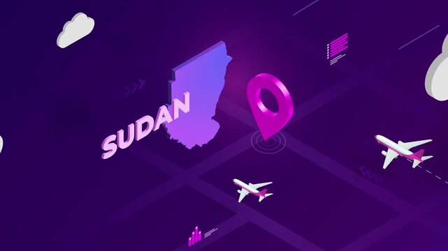 Isometric Design, Sudan Map Silhouette Location Pin and Airplanes on Purple Animation, Travel Background