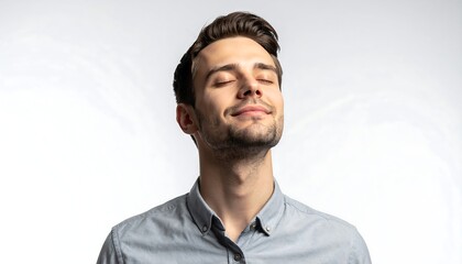 Obraz premium A young man with dark hair, closed eyes, and a slight smile, suggesting tranquility, against a plain white background