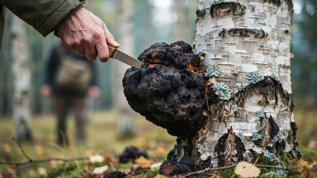 Chaga mushroom harvested from birch tree in autumn forest setting