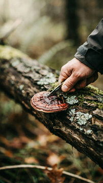 Hand harvesting reishi mushroom from a fallen log in autumn forest