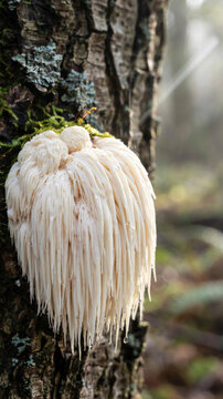 Lion's Mane mushroom (Hericium erinaceus) growing on tree bark in forest