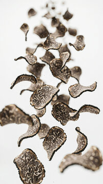 Black truffle slices levitating in mid-air against a white background