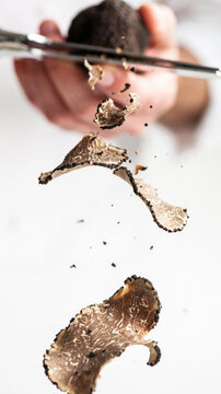 Black truffle levitating while being sliced with scissors in a kitchen setting