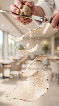 Hand holding a white truffle while slicing it in a modern restaurant interior with tables