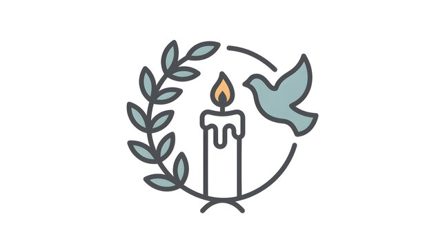 Minimal flat vector icon of a burning candle representing remembrance and peace, clean outline, vector style, isolated on white background