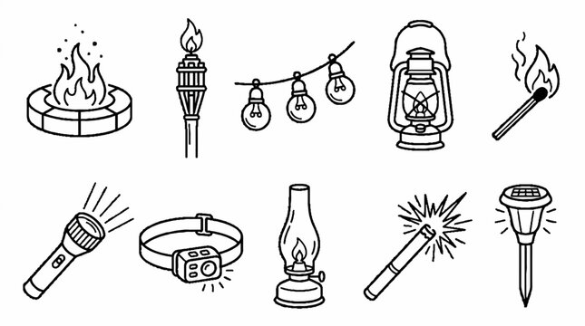 A collection of hand drawn light source icons including fire and electric lamps.