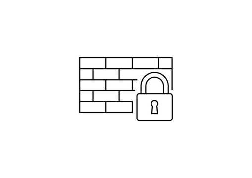 Minimal outline vector icon featuring a brick firewall with padlock representing cybersecurity, network security, firewall protection, secure infrastructure, data protection, privacy, and secure serve
