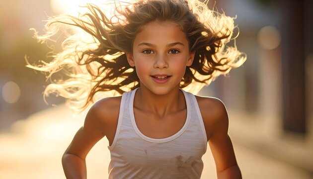 A young girl, lit by the golden sun, with flowing hair and a joyous expression. She runs towards the viewer, radiating happiness