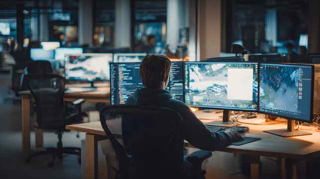 Game developer programming at a multi-monitor workstation inside a modern game studio