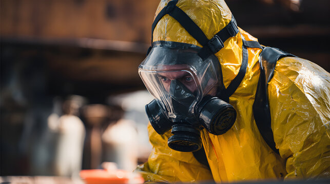 Hazmat technician collecting hazardous material samples while wearing a full protective hazmat suit with respirator
