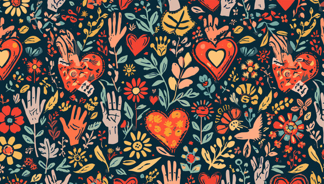 Seamless pattern with folk art style hearts, hands, flowers, and leaves on a dark background, symbolizing love, nature, and community.